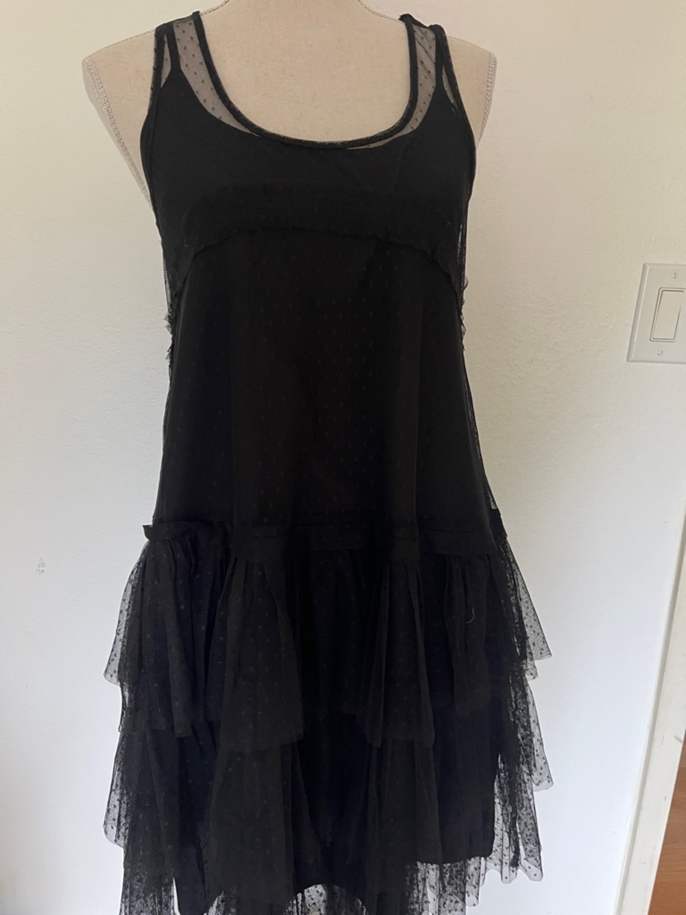 Lucky Brand Black tulle Polka Dot tiered dress Small